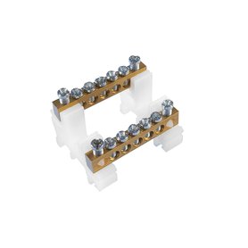 Svorkovnice N/PE mosazná RK 2/63 (6,5x9mm), IP00, 2x5 přip. míst, 16mm2, 63A, na DIN lištu